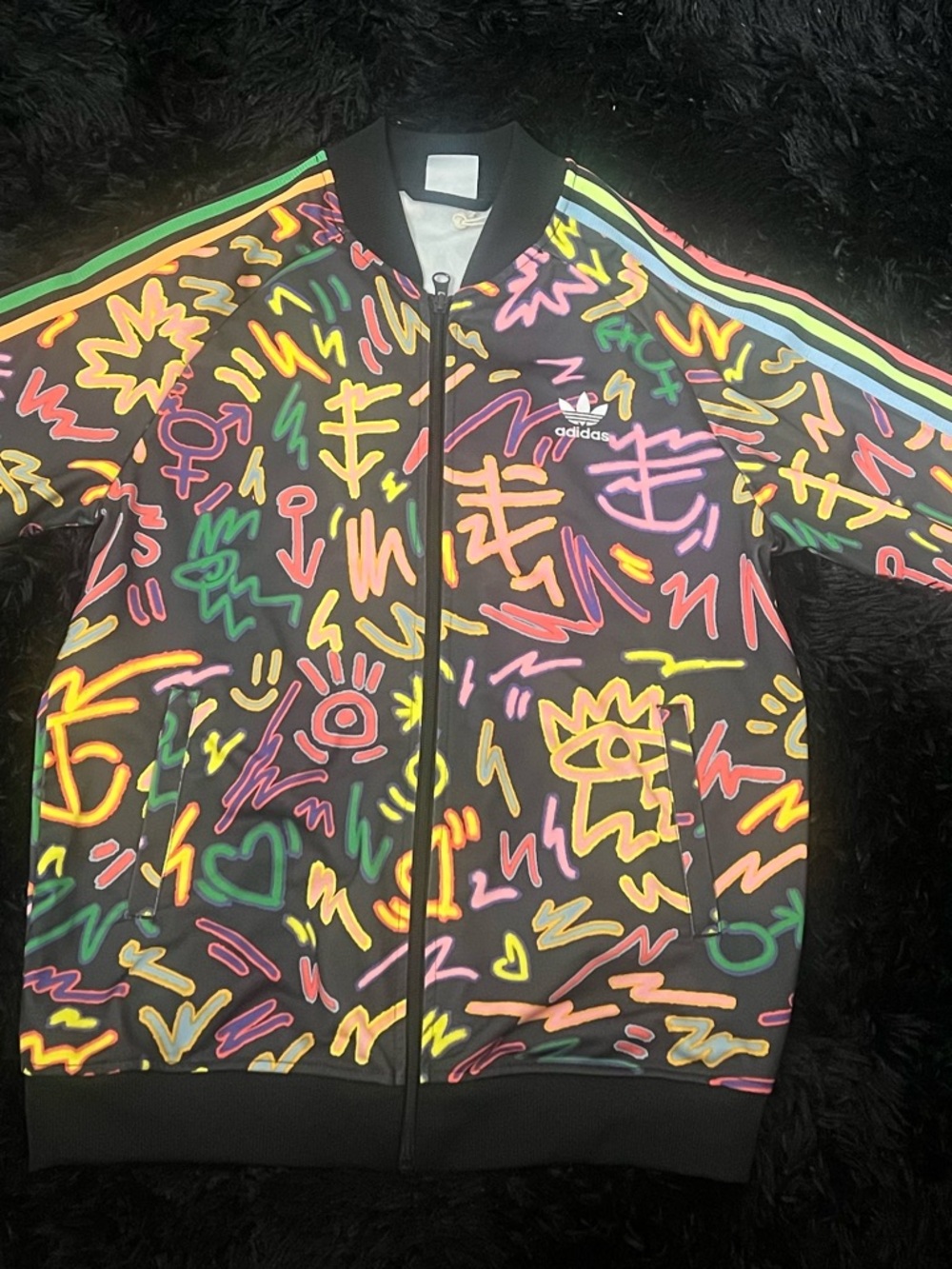 adidas Black Track Jacket with Neon Multicolor Graffiti